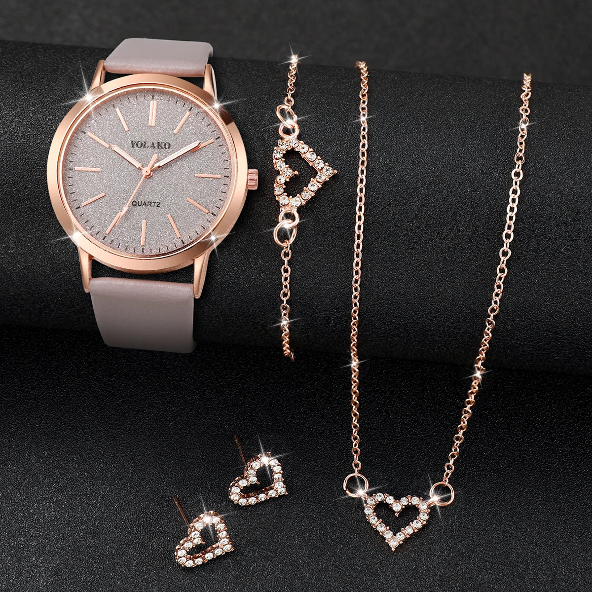 5pcs-  Fashion Women Leather Strap Watch and Love Heart Jewelry Set