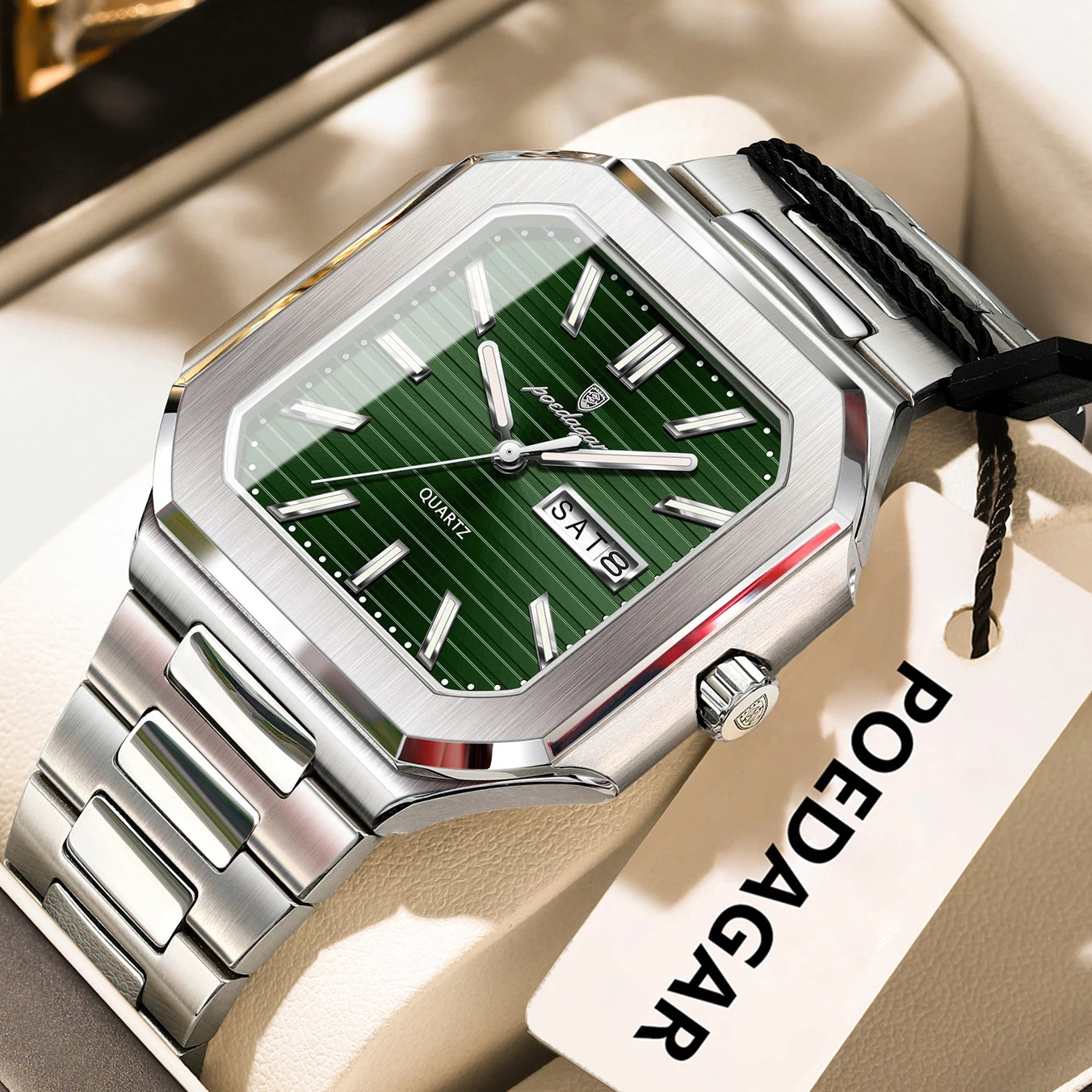 Luxury Square Fashion Man Date Week Quartz Men's Watches Stainless Steel Men Watch