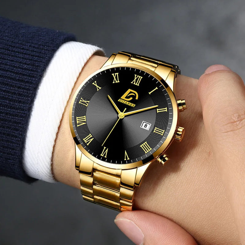 6P/Set Golden Quartz Watch Set for Men, Gold Business Casual Fashion Watch Set for Men