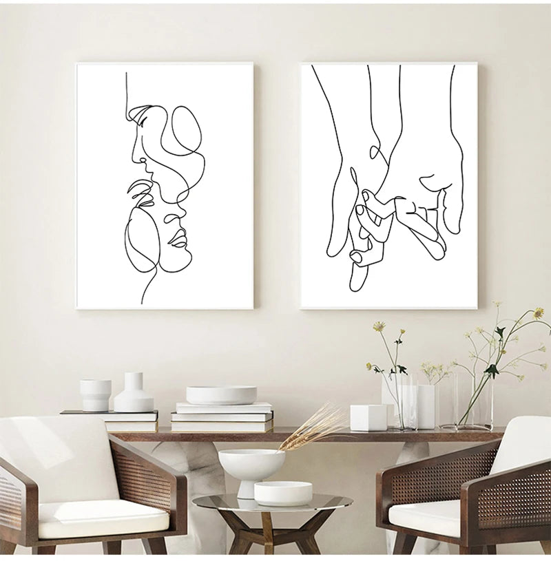 High Quality Decorative frame - Line Drawing Couple Hand Love Kiss Wall Art Canvas