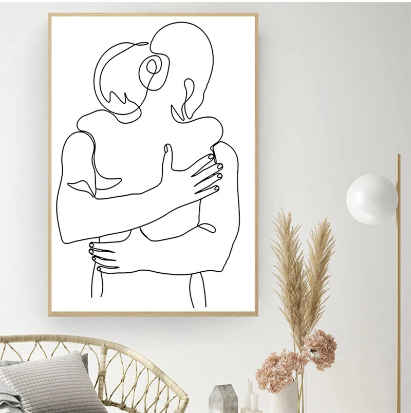 High Quality Decorative frame - Line Drawing Couple Hand Love Kiss Wall Art Canvas