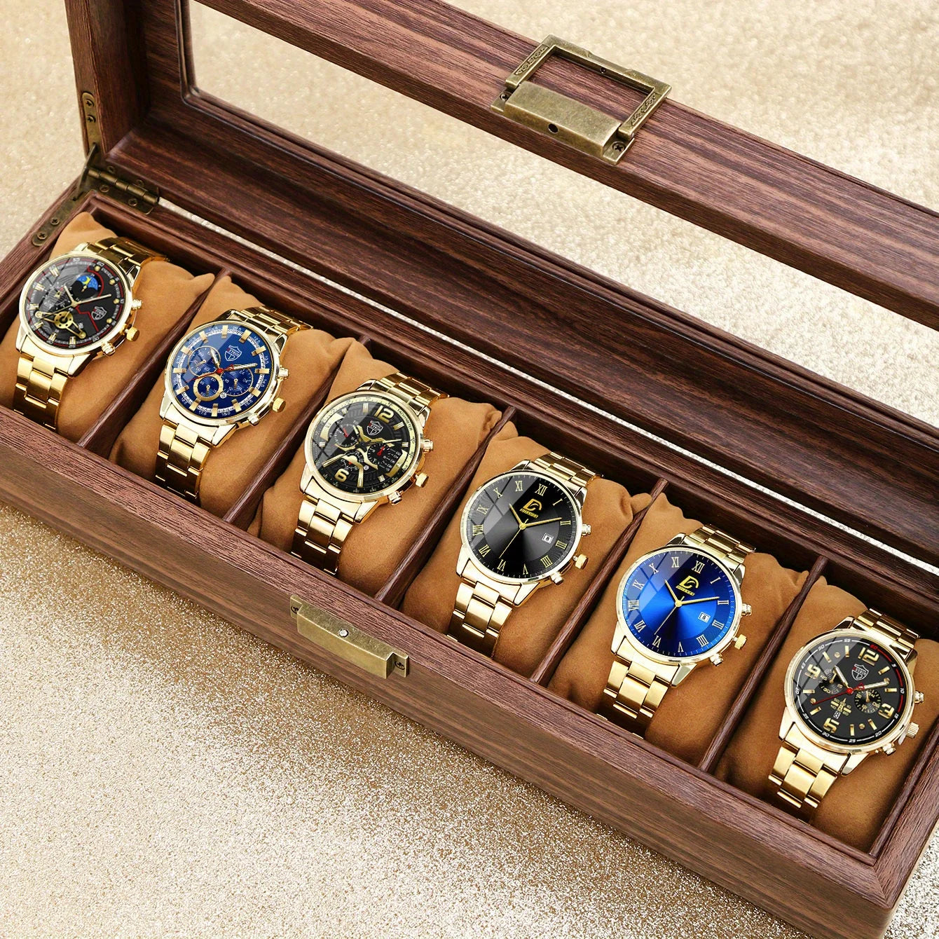 6P/Set Golden Quartz Watch Set for Men, Gold Business Casual Fashion Watch Set for Men