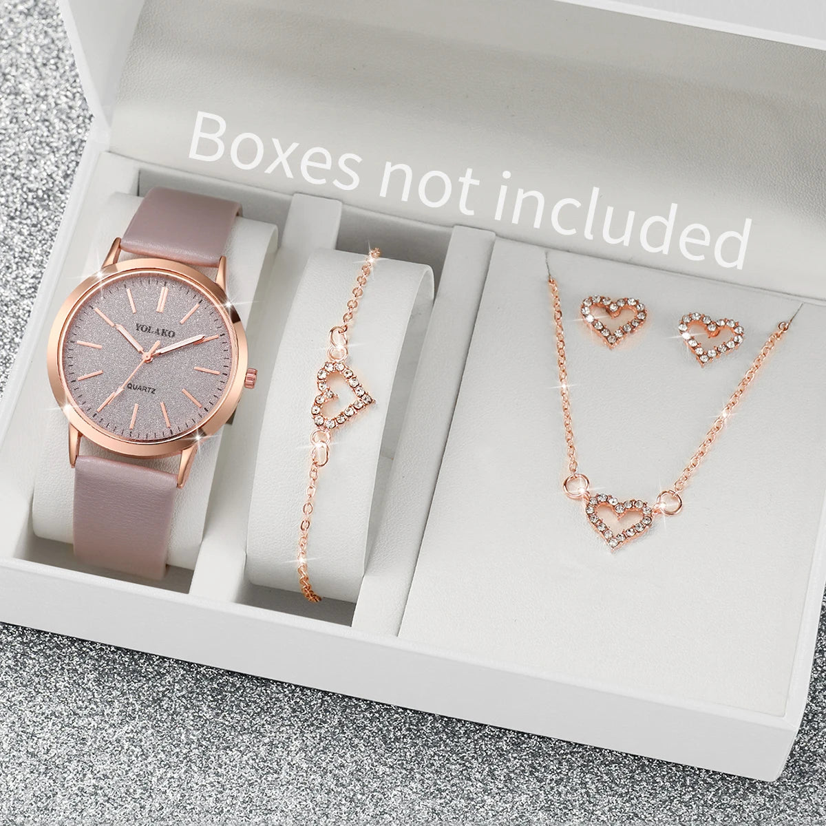 5pcs-  Fashion Women Leather Strap Watch and Love Heart Jewelry Set