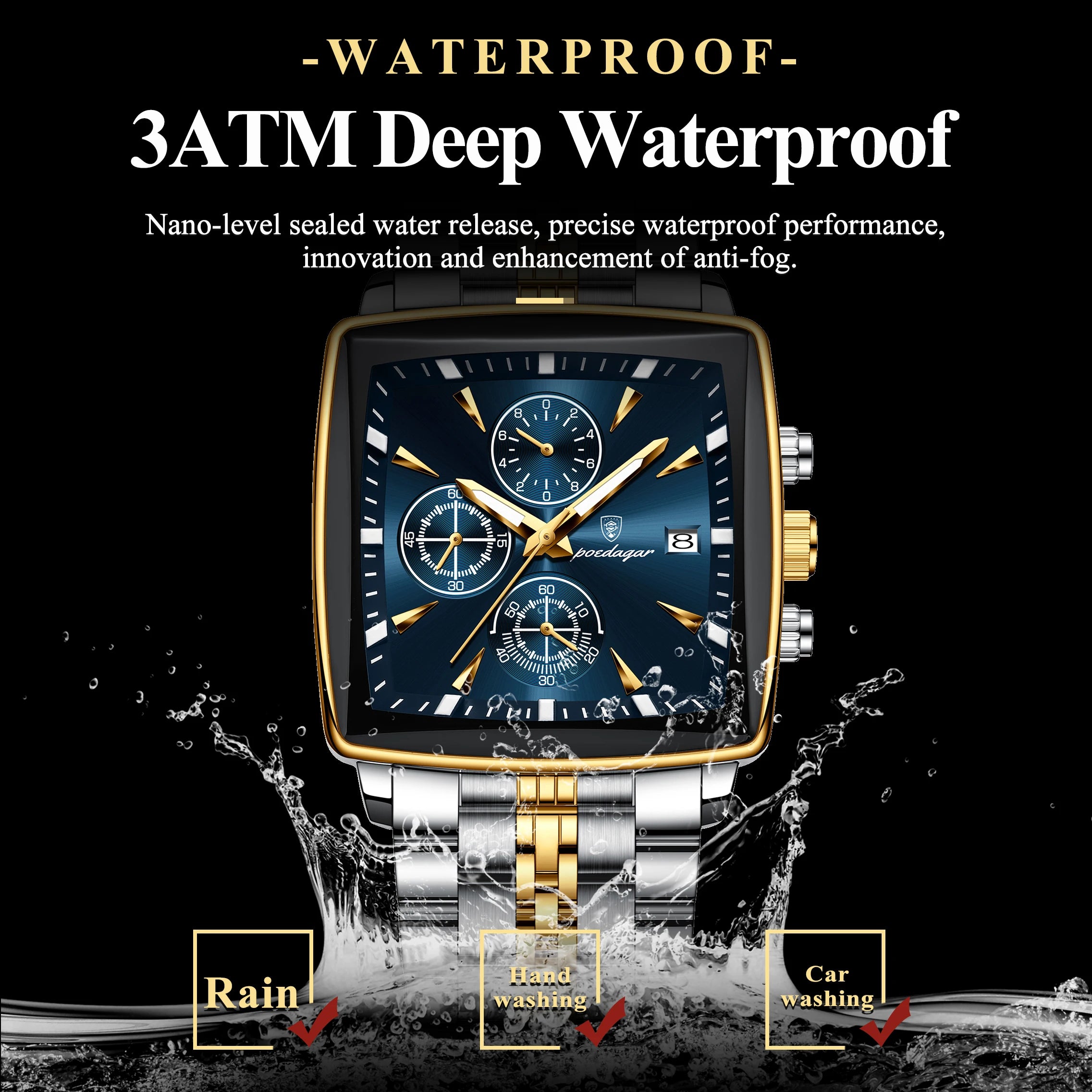 High Fashion Men Watch Waterproof Chronograph Date Man Wristwatch Square Stainless Steel Quartz
