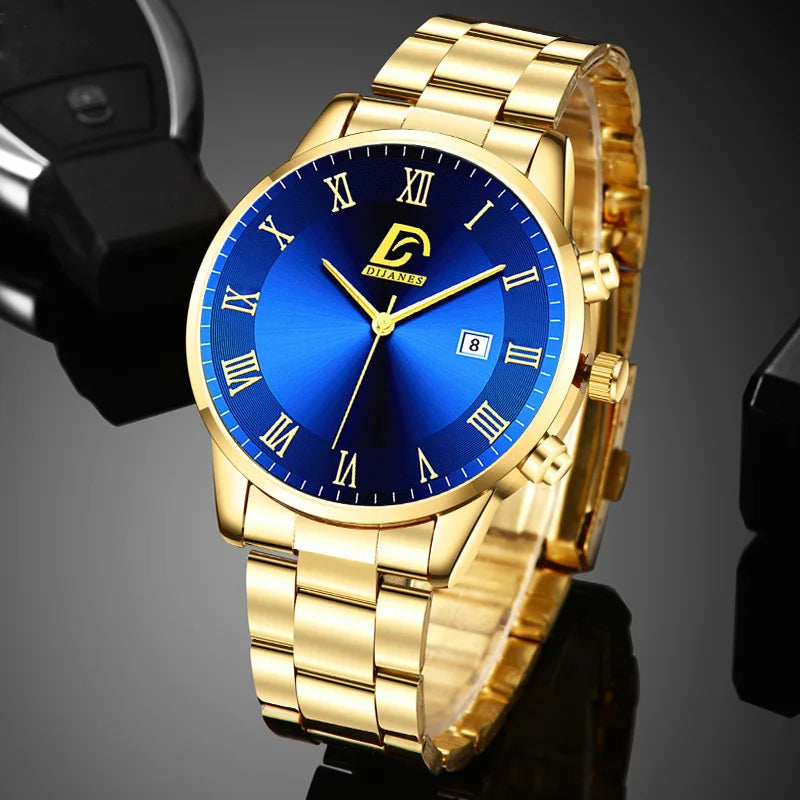 6P/Set Golden Quartz Watch Set for Men, Gold Business Casual Fashion Watch Set for Men