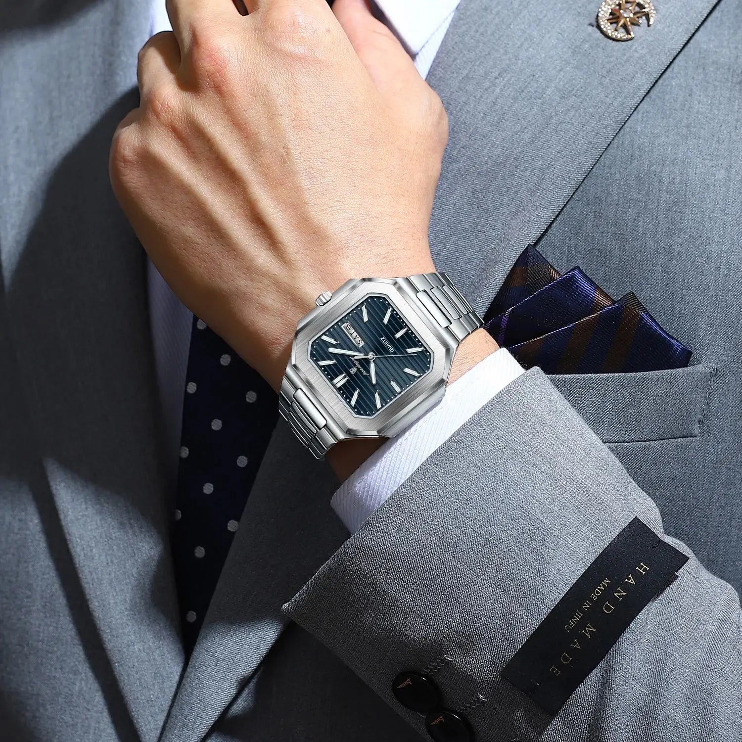 Luxury Square Fashion Man Date Week Quartz Men's Watches Stainless Steel Men Watch