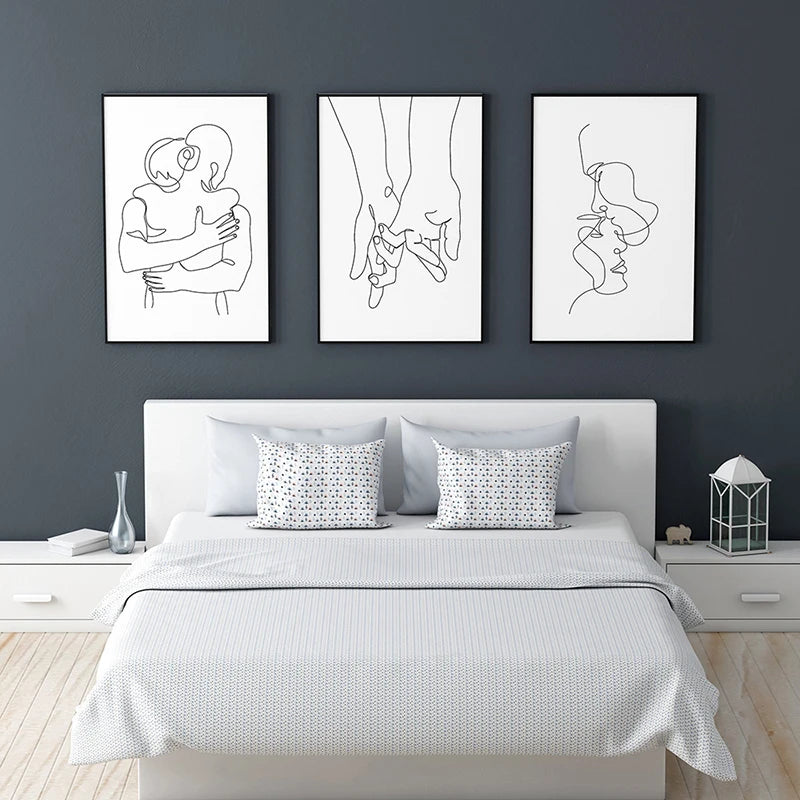 High Quality Decorative frame - Line Drawing Couple Hand Love Kiss Wall Art Canvas