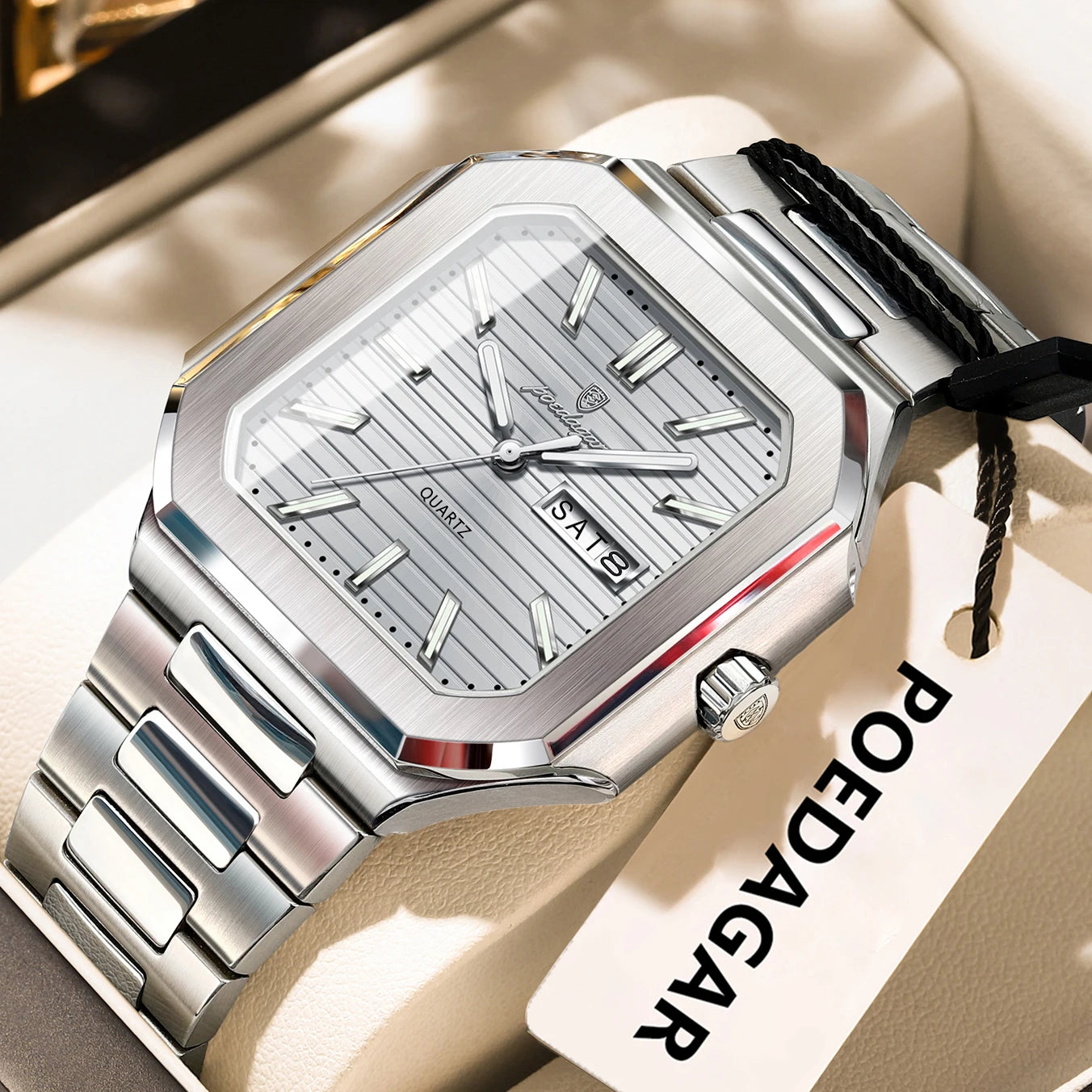 Luxury Square Fashion Man Date Week Quartz Men's Watches Stainless Steel Men Watch