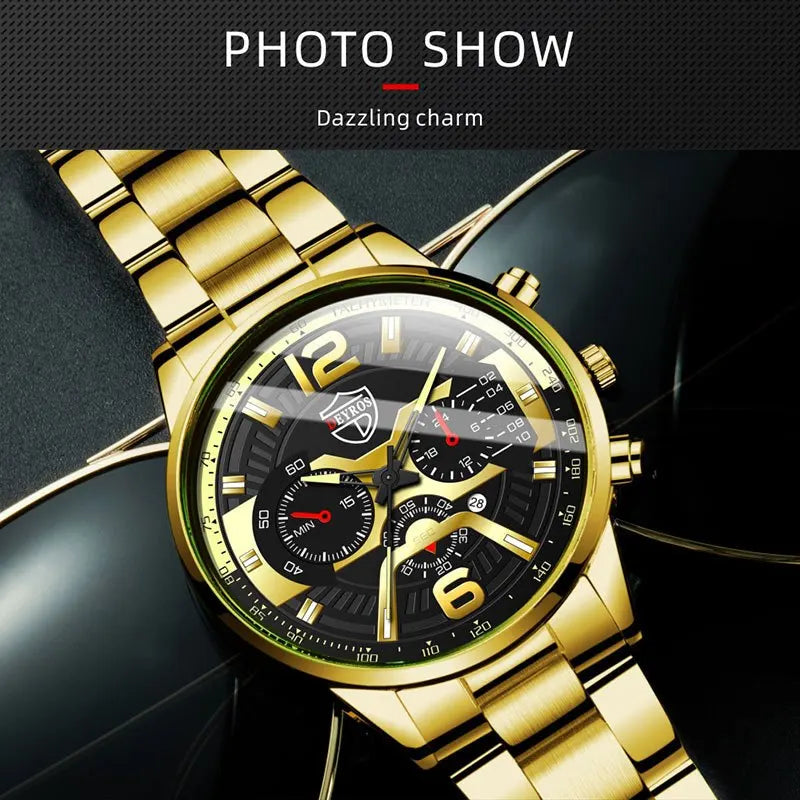 6P/Set Golden Quartz Watch Set for Men, Gold Business Casual Fashion Watch Set for Men